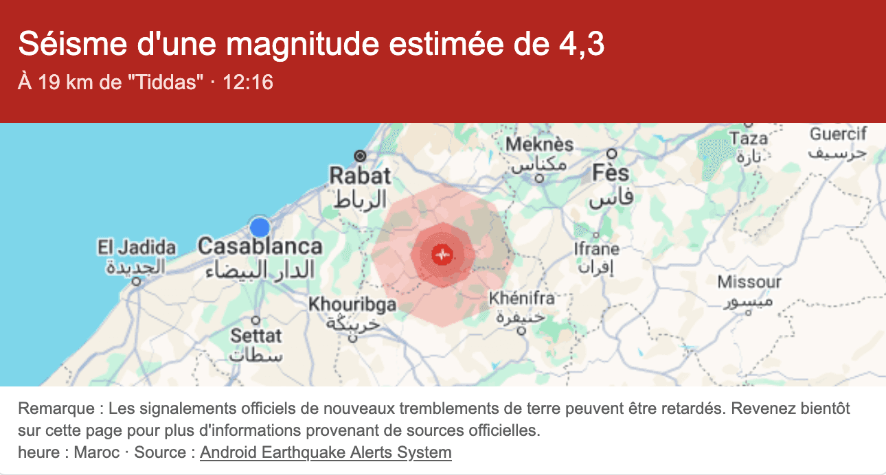 Secousse de magnitude 4,5 ressentie près de Khemisset